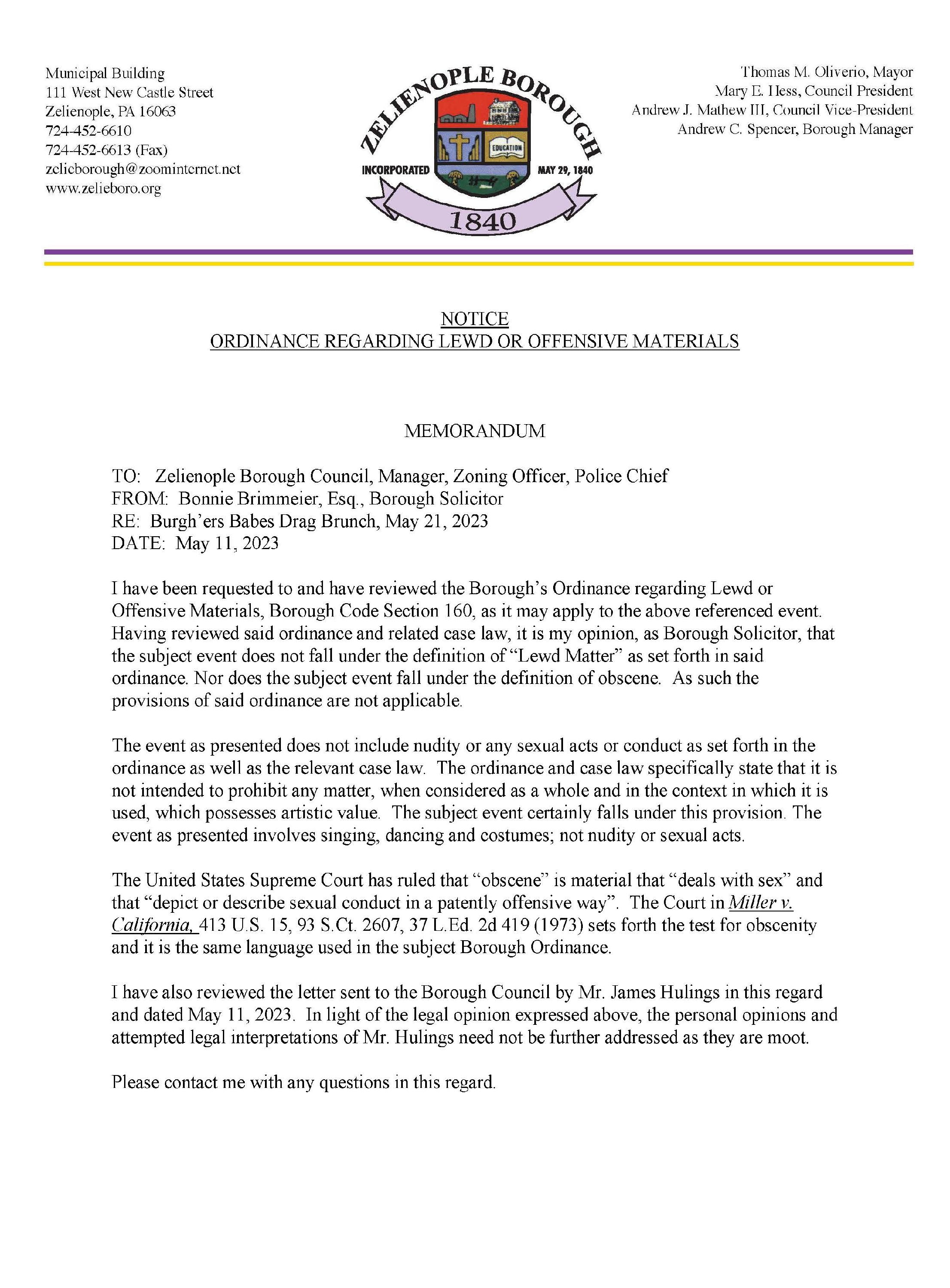 Notice - Ordinance on Lewd or Offensive Material